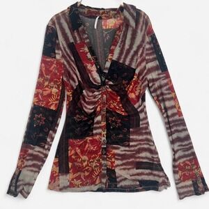 Free People Boho Sheer Lucky Shirtee with Floral Designs and Collar